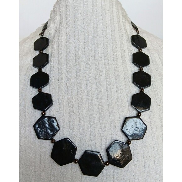 Express Signed Black Geometric Hexagon Statement Necklace 28-30 in - Picture 2 of 10